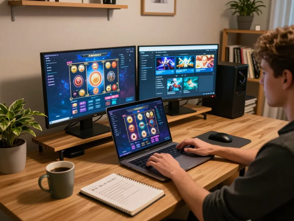 Engaged player using laptop for slot online gaming, showcasing user-friendly interface and betting strategies