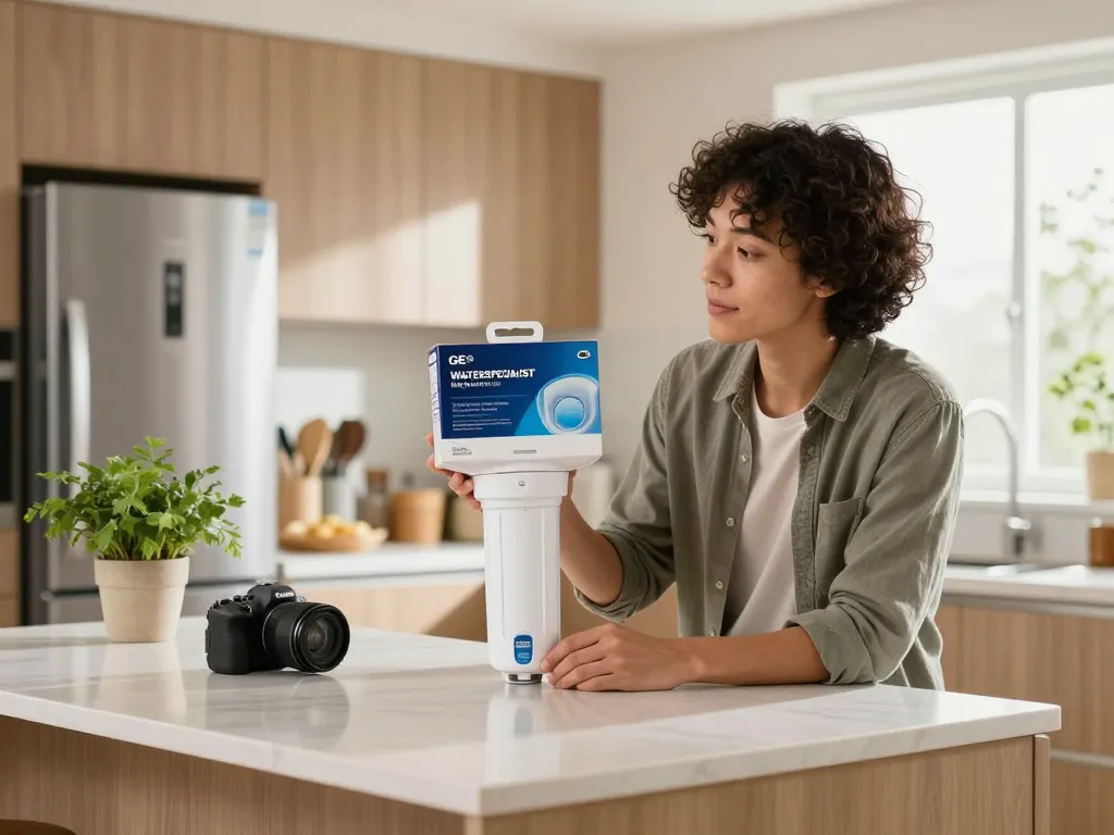 Examining Waterspecialist Replacement for GE® RPWFE® water filter in a modern kitchen setting