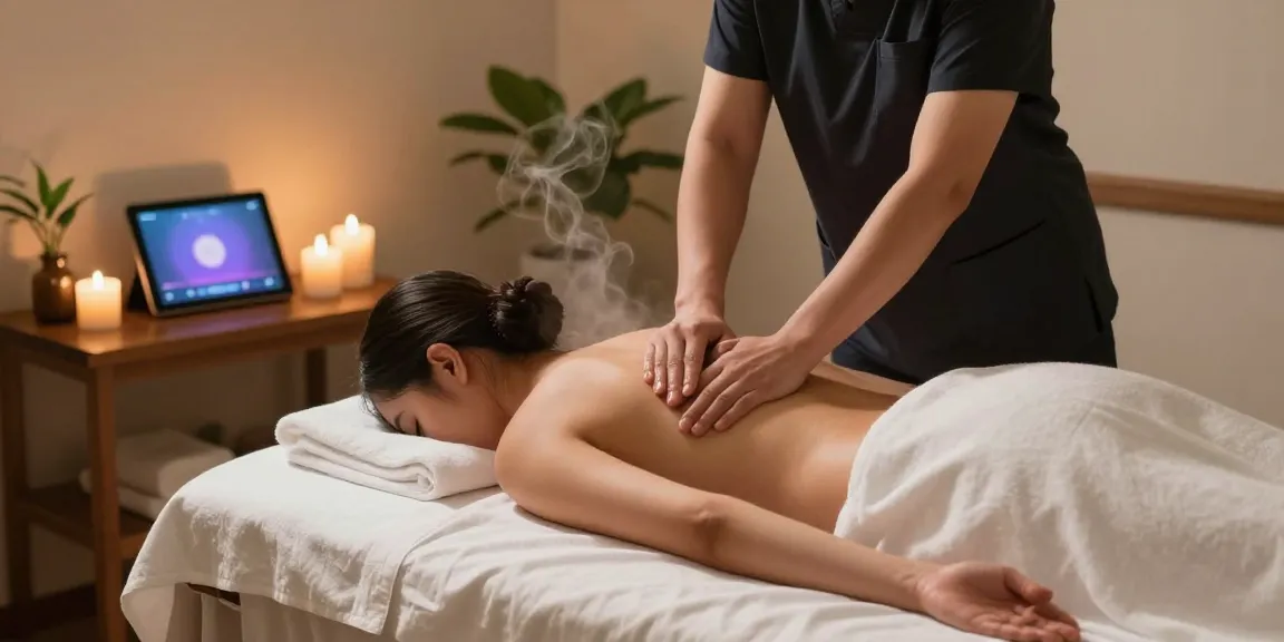 Experience a calming마사지 session with a skilled therapist in a serene spa environment.