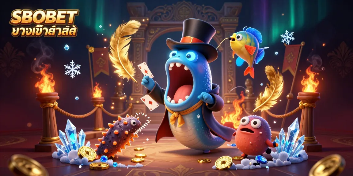 SBOBET ทางเข้าล่าสุด features a vibrant underwater magician performance with characters using dynamic action and casino elements.