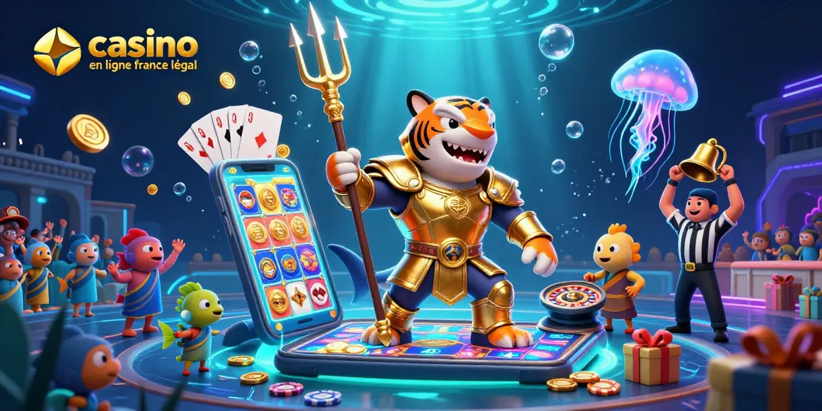 Illustration dynamique représentant casino en ligne france légal avec un requin tigre en armure et des jeux de casino colorés.