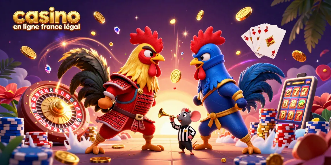 Les jeux au casino en ligne France légal sont représentés par des coqs combattants et des éléments riches en couleurs.