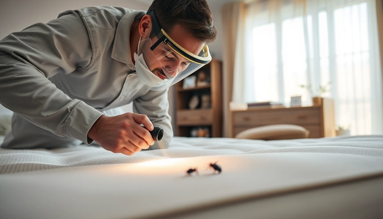 Qualified expert providing bed bug extermination services in an inspected bedroom.