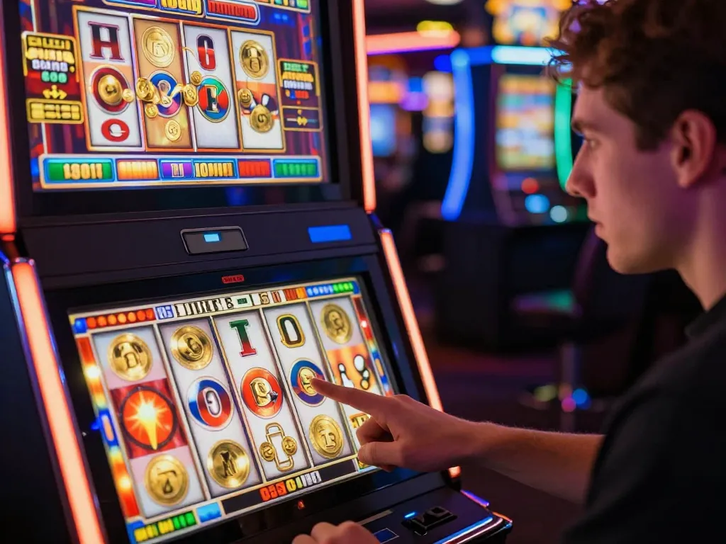 Player celebrating a big win on a slot machine with colorful lights and sounds, capturing the excitement of casino gaming.