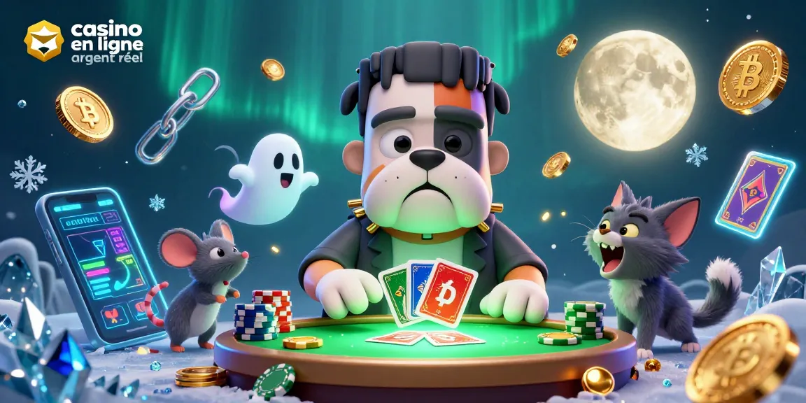 Jouez dans un casino en ligne argent réel avec des personnages fantastiques et des pièces de crypto-monnaie brillantes.