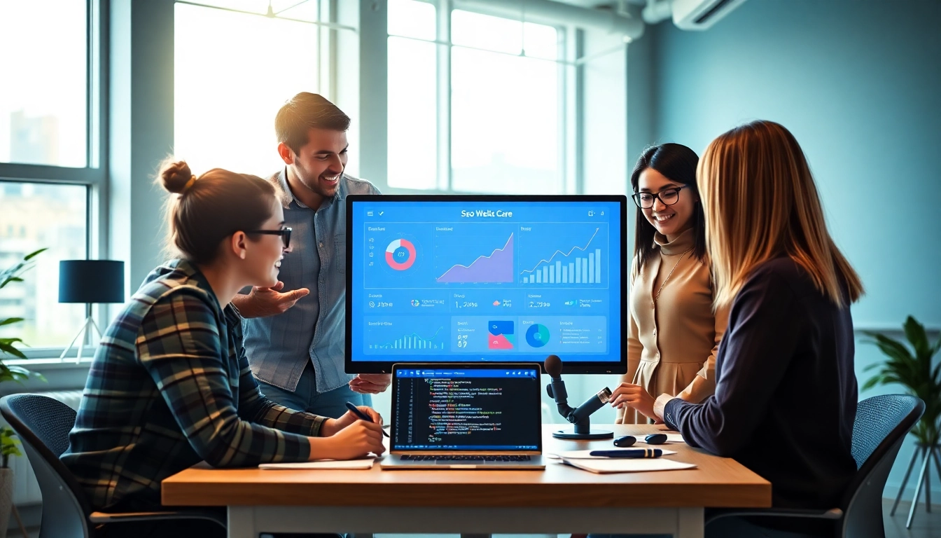 Chăm sóc website with professionals analyzing performance metrics in a modern office.