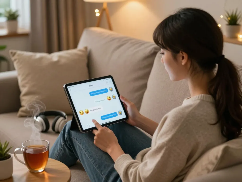 A young person enjoying interaction with an AI girlfriend chatbot on a tablet, cozy home setting with warm lighting.