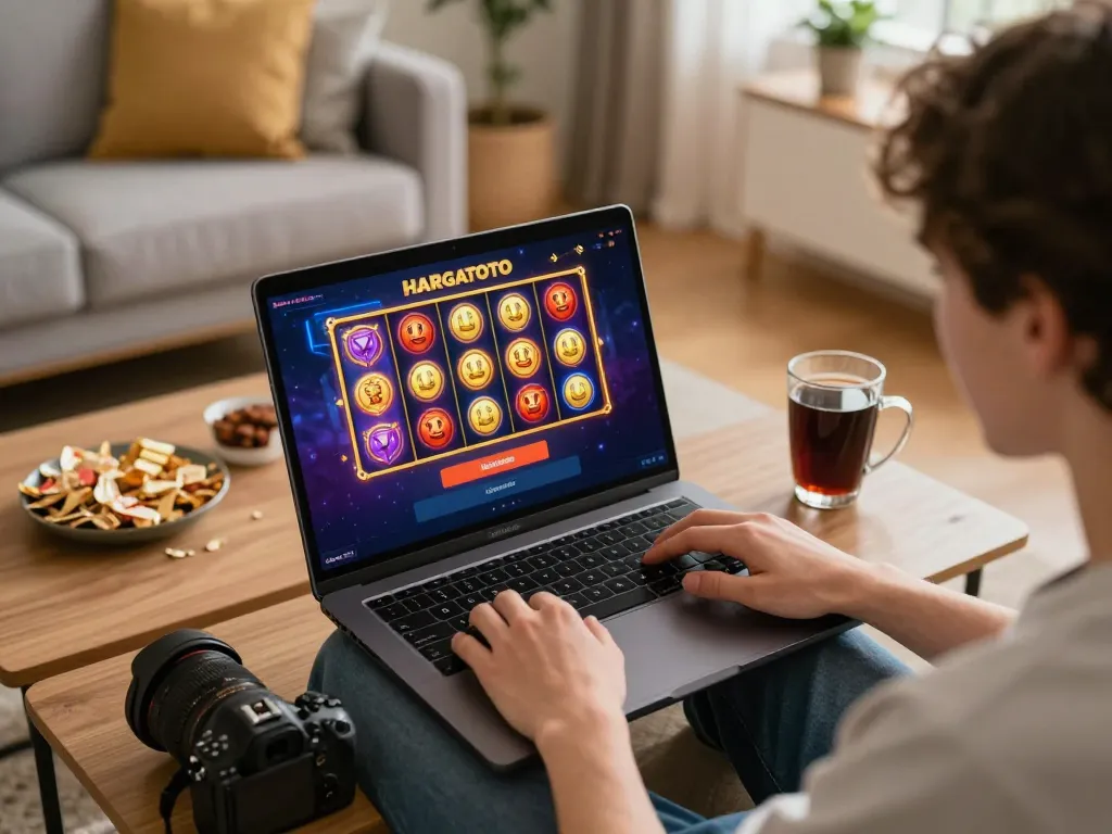 Engaging in HARGATOTO login while playing vibrant online slots in a cozy living room, showcasing fun gaming.