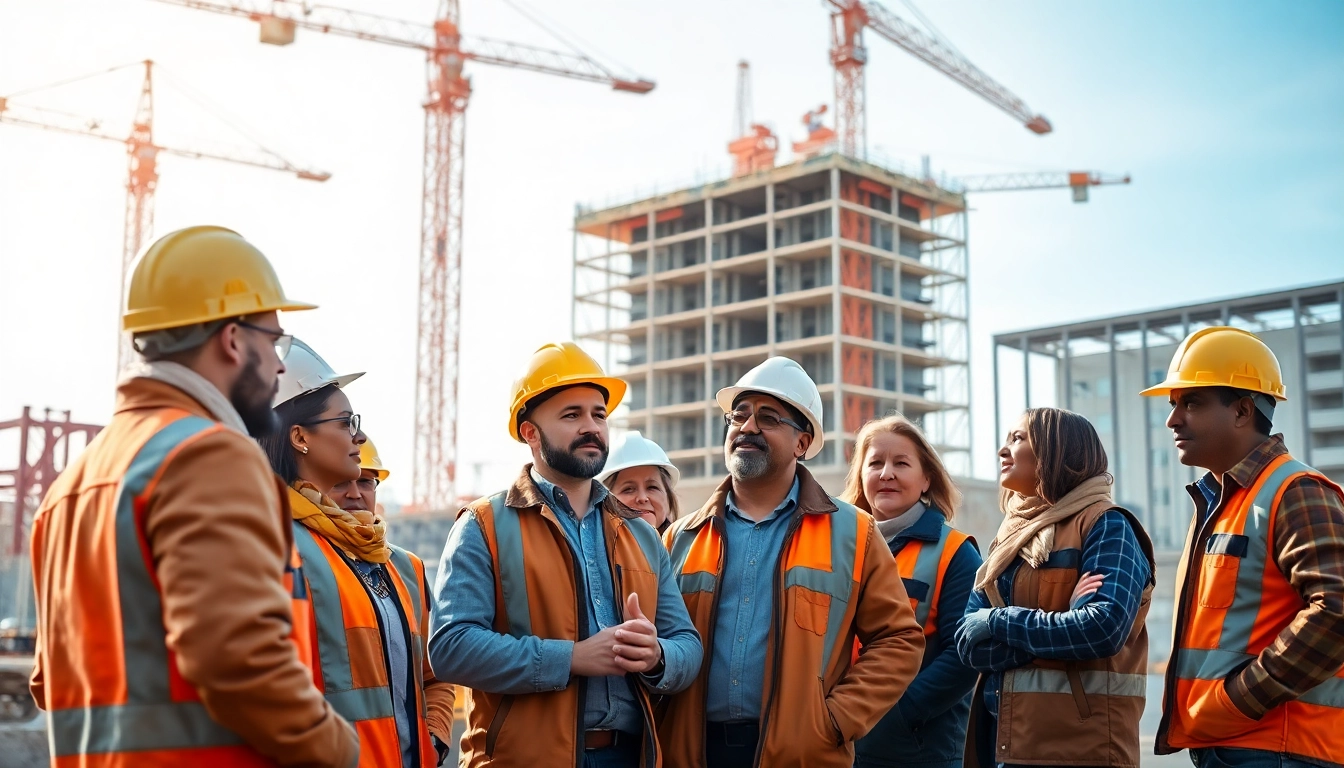 Engaging construction advocacy dialogue among diverse professionals at a bustling construction site.