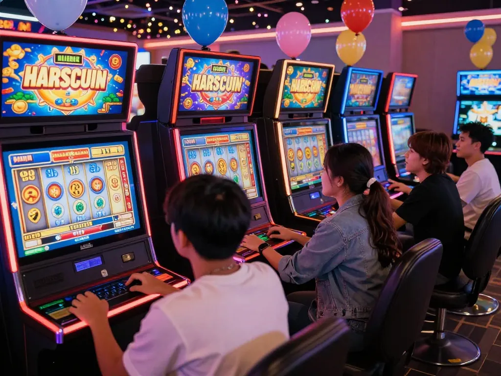 Pemain yang dengan antusias menikmati slot gacor hari ini di sebuah kasino virtual yang meriah dengan grafik yang menarik.