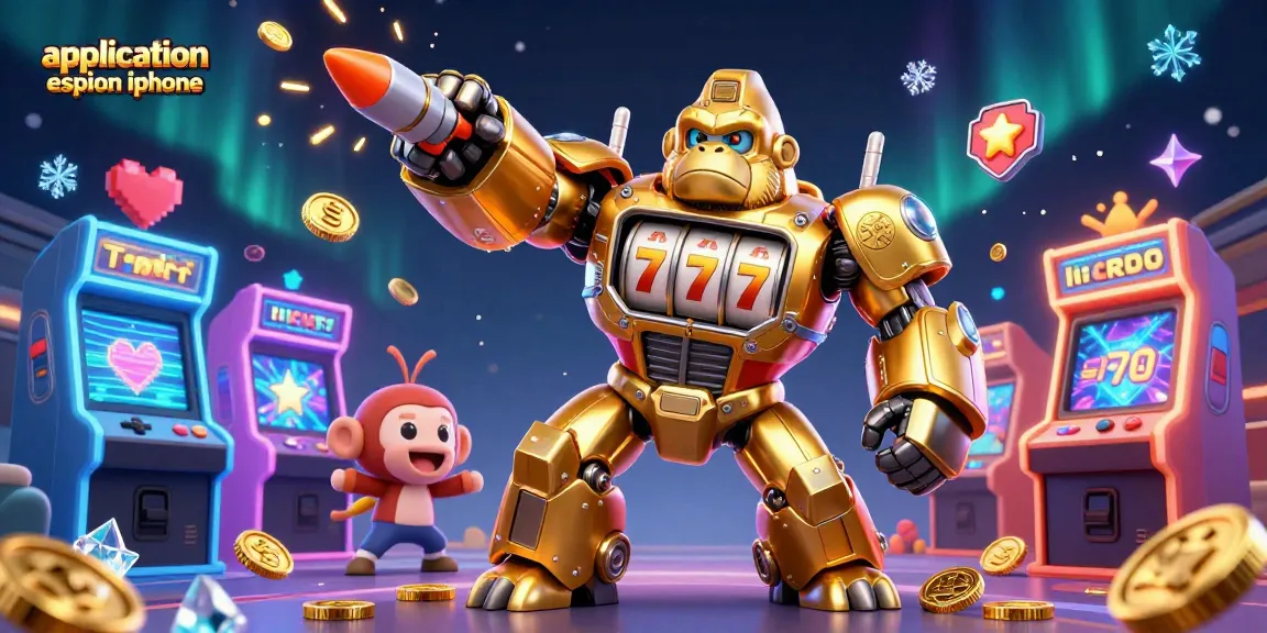 Jouer à l'application espion iphone dans un univers de machines à sous flashy avec un gorille mécha et un pilote singe.