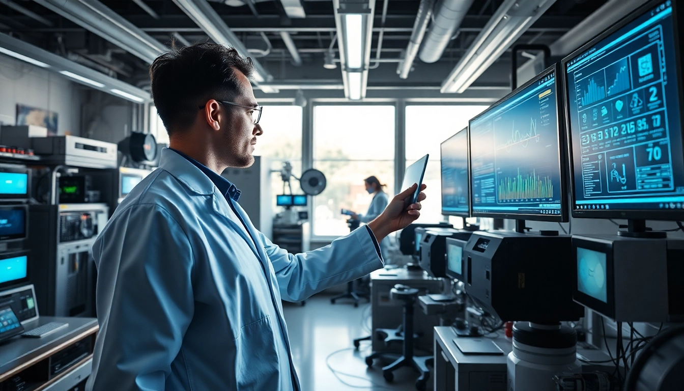 Innovative technology laboratory featuring modern equipment and a researcher analyzing data.