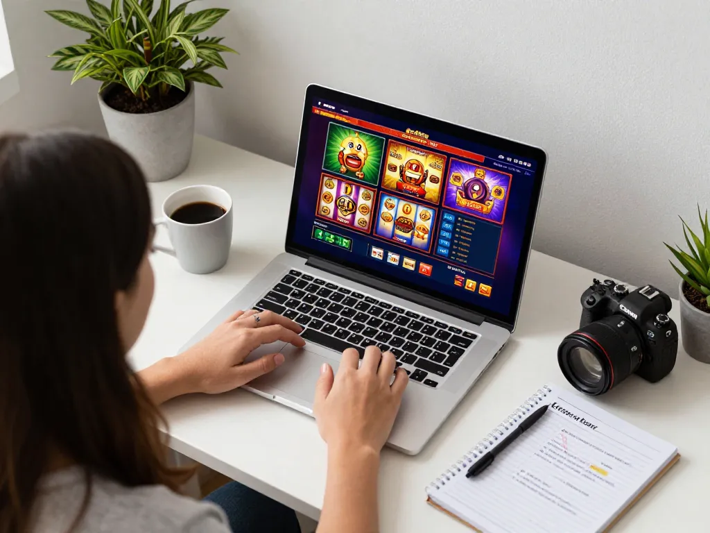 Engaging slot online gaming session with vibrant laptop display and cozy home environment