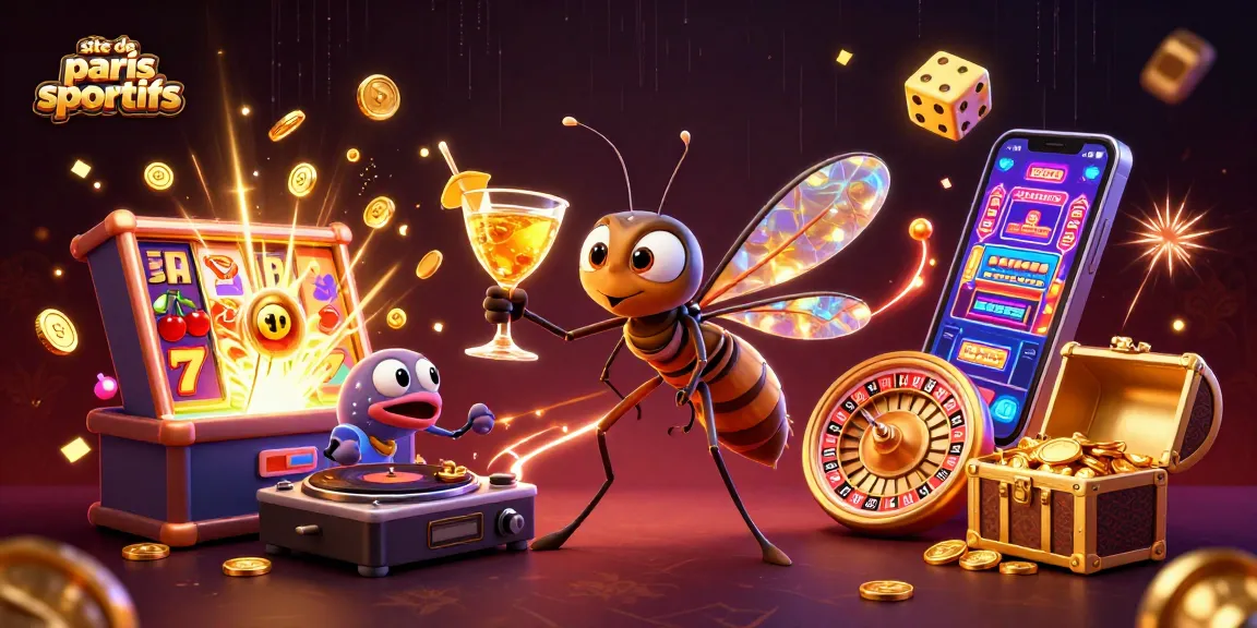 Plongez dans le monde du site de paris sportifs avec une illustration 3D captivante, mettant en avant un casino mosquito et des éléments de jeux.