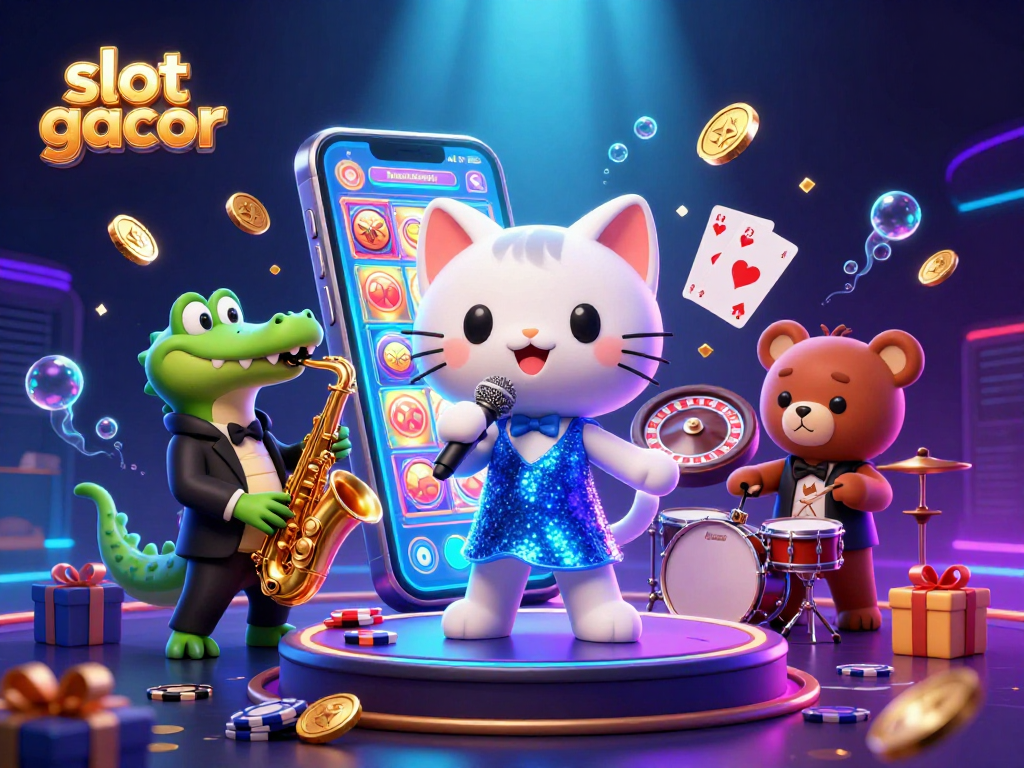 Experience the thrill of slot gacor in a vibrant casino scene with animated characters celebrating big wins.