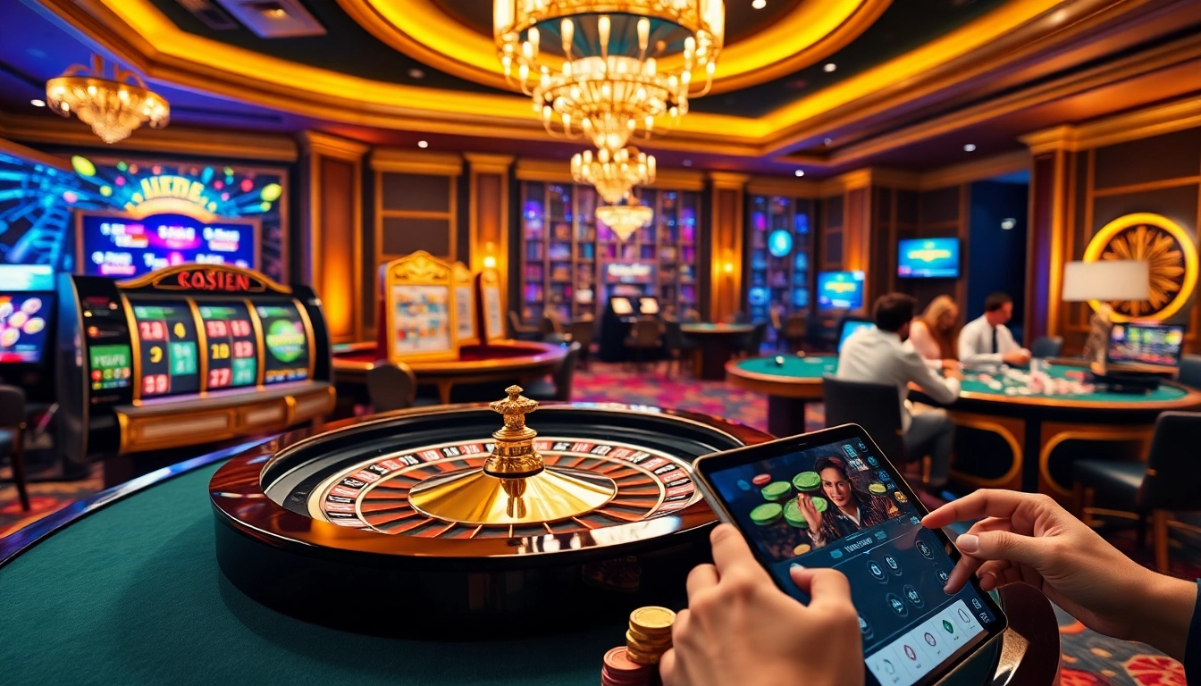 Joueurs engagés profitant d'une expérience luxueuse au meilleur casino en ligne 2026 avec roulette, machines à sous et poker.