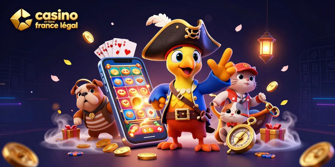 Illustration dynamique présentant le casino en ligne France légal avec des personnages colorés dans un cadre ludique et attractif.