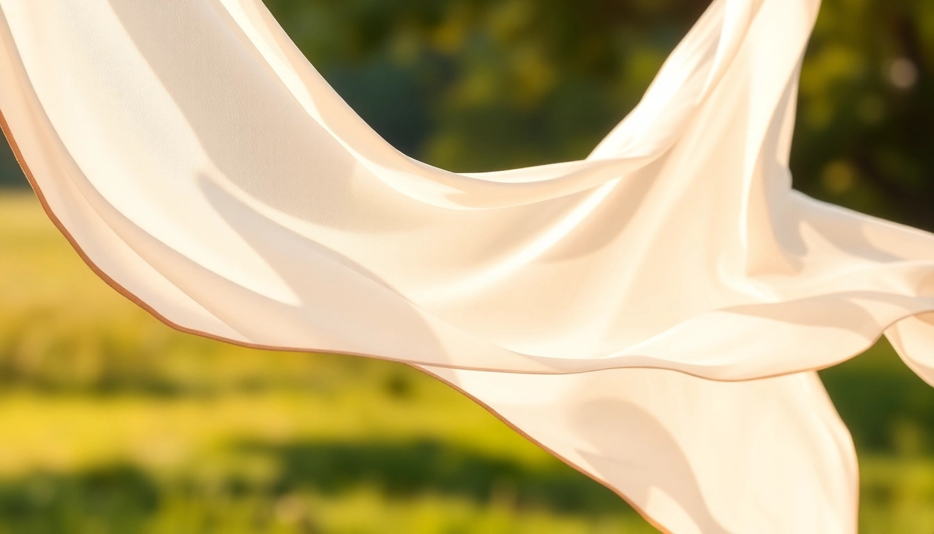 Chiffon stof in de wind, elegant en licht, met een serene natuurlijke achtergrond.