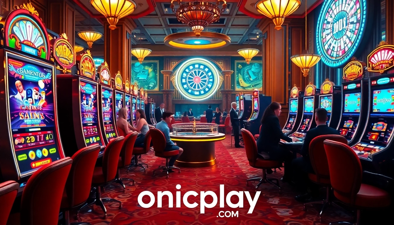 Engaged gamblers enjoy the thrilling onicplay slot machines in a vibrant casino setting.
