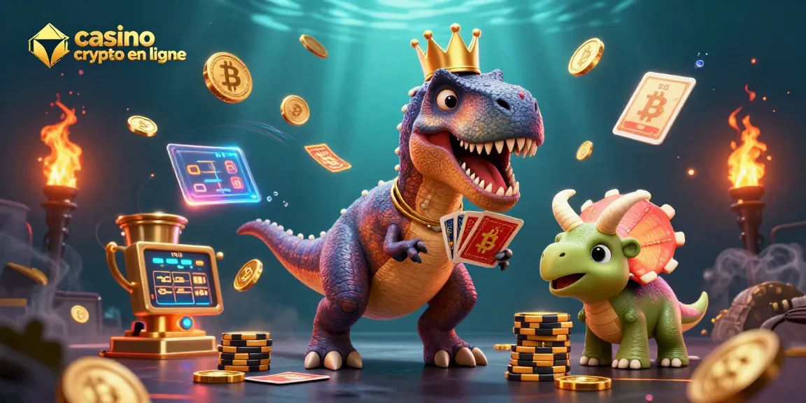 Illustration dynamique d'un casino crypto en ligne avec un T-Rex jouant aux cartes et des pièces de Bitcoin.