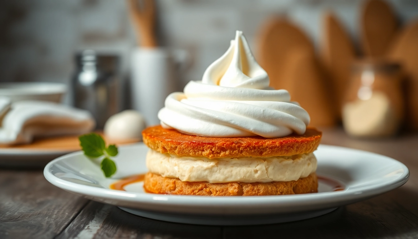 Geniet van een perfect afgewerkte dessert met mousseline room, elegant gepresenteerd.
