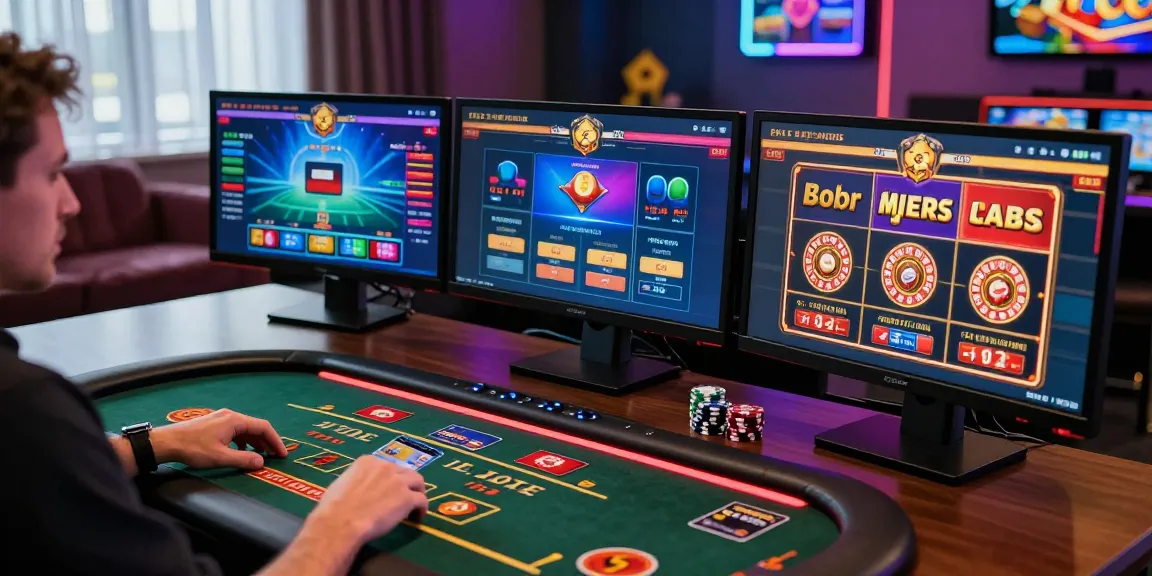 Engaging player at credit card casinos surrounded by multiple game monitors, showcasing a vibrant online gaming environment.