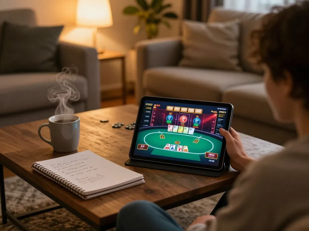 Canada online casinos reddit player engaging in online poker gaming on a tablet in a cozy living room