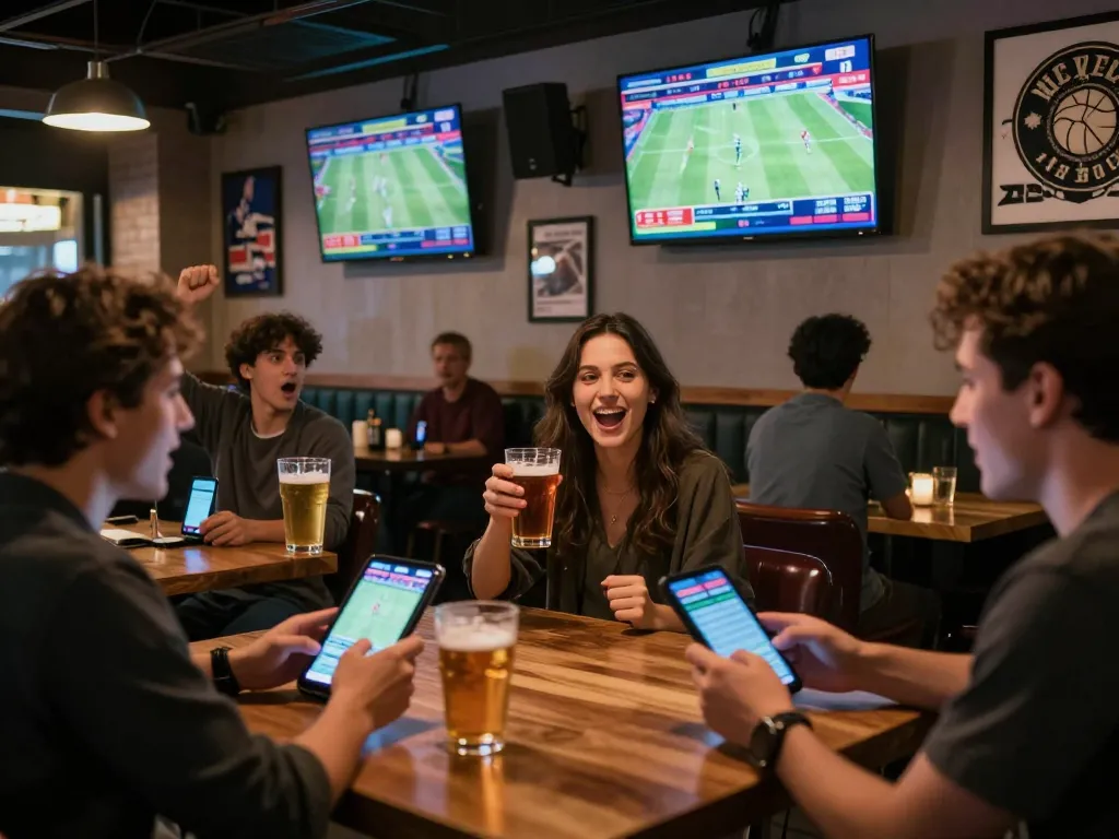 Exciting sports betting scene at https://rr88k1.com/ with patrons cheering and actively placing bets.