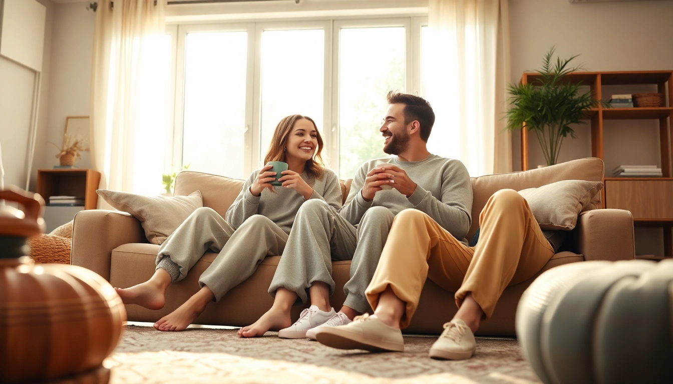 Stylish adults wearing french terry sweatpants enjoy a cozy moment in a sunlit living room.