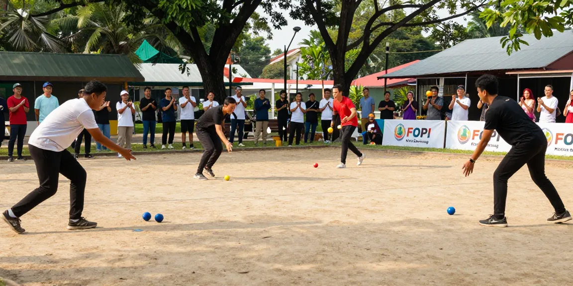 Permainan petanque di taman kota Bontang, berkat fopikotabontang.org, suasana meriah dan beragam pemain.