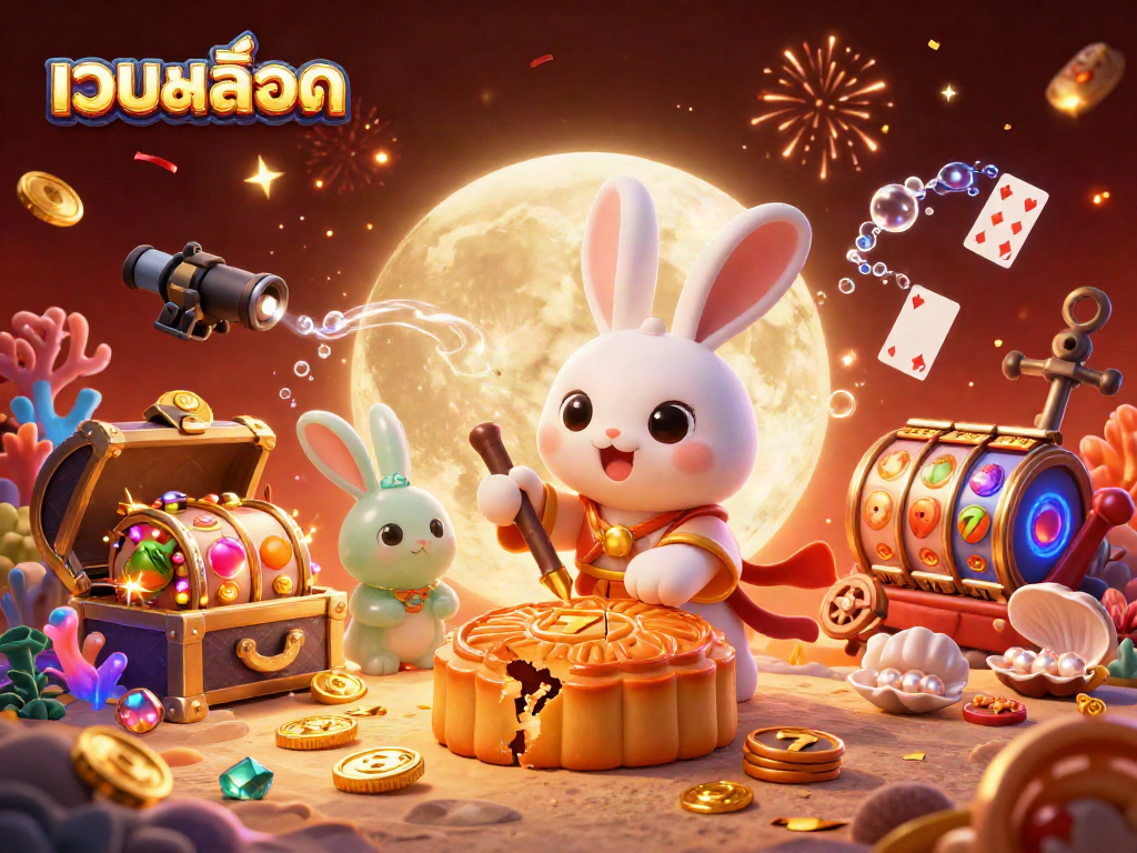 Experience เว็บสล็อต with a 3D moon rabbit featuring golden mooncakes and poker chips in this vibrant casino-themed illustration.