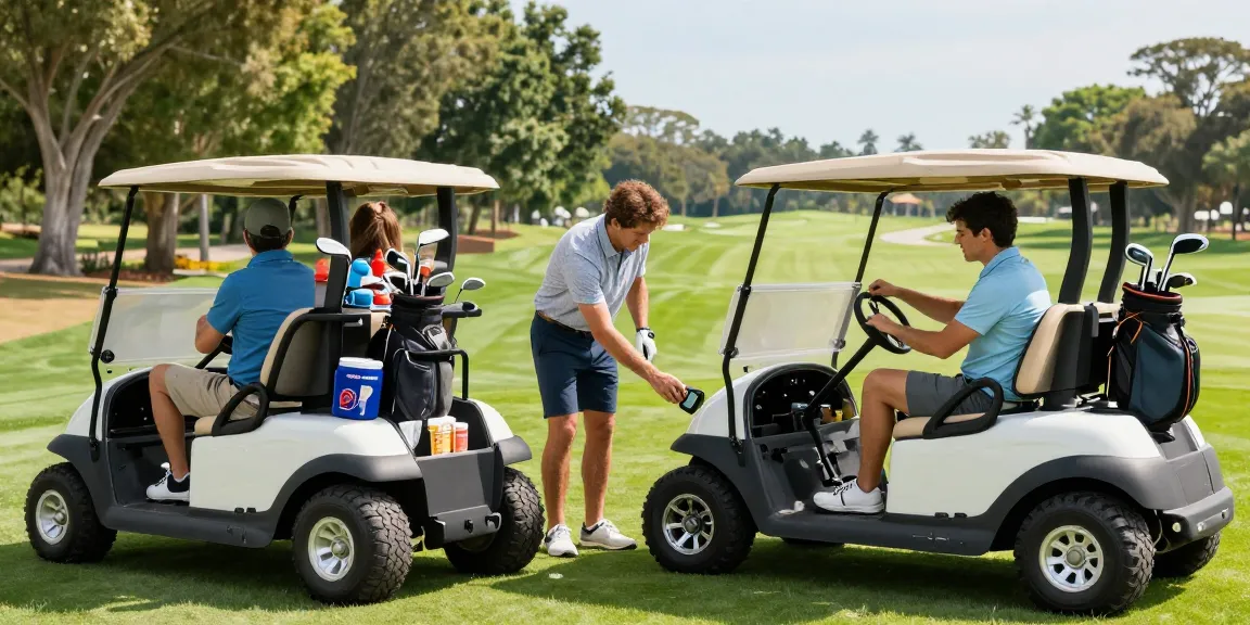 Golf cart tires and wheels showcased on stylish golf carts during a sunny day at the course, featuring friends enjoying leisure time.