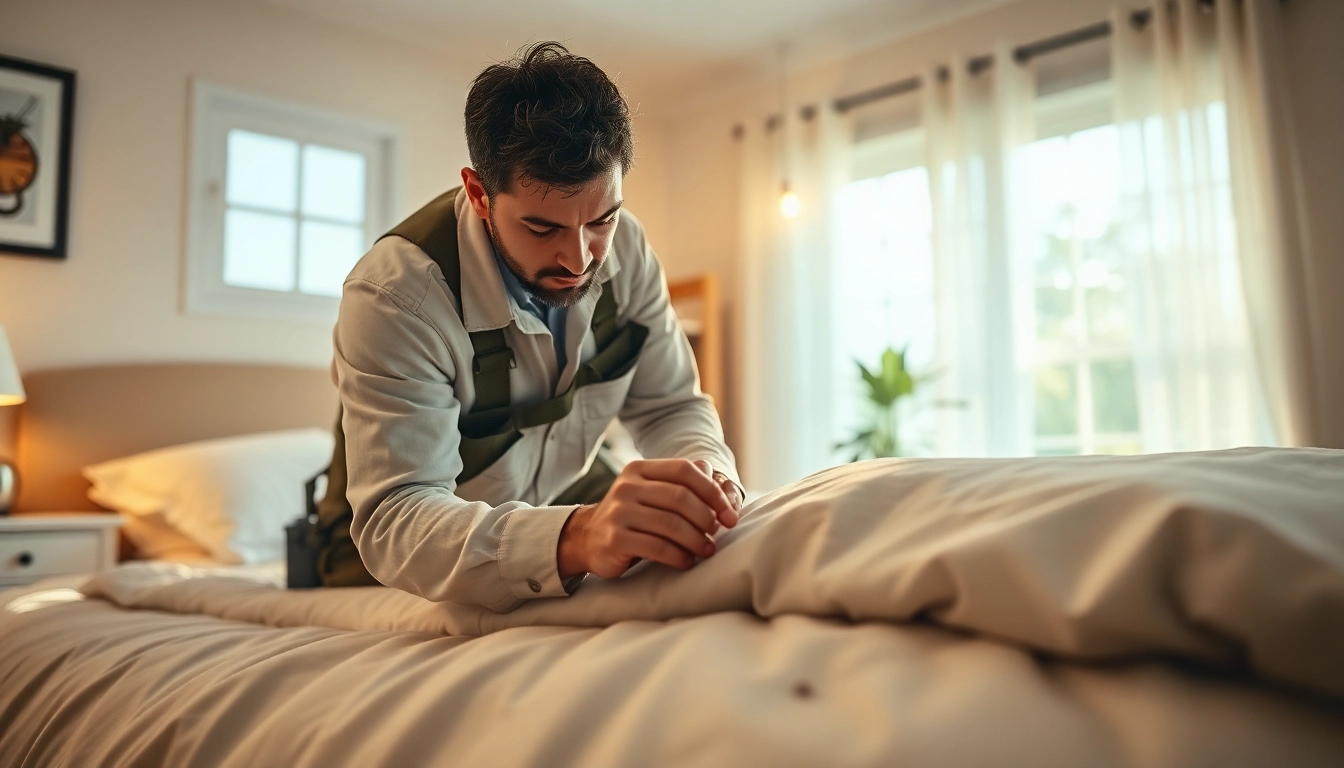 Inspecting for bed bug extermination services in a cozy bedroom setting.