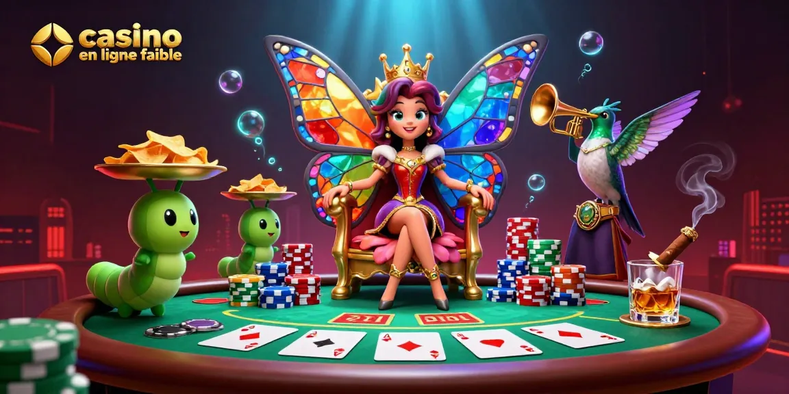 Gagnez sur un casino en ligne fiable avec cette illustration 3D riche et colorée d'une reine papillon jouant aux cartes.