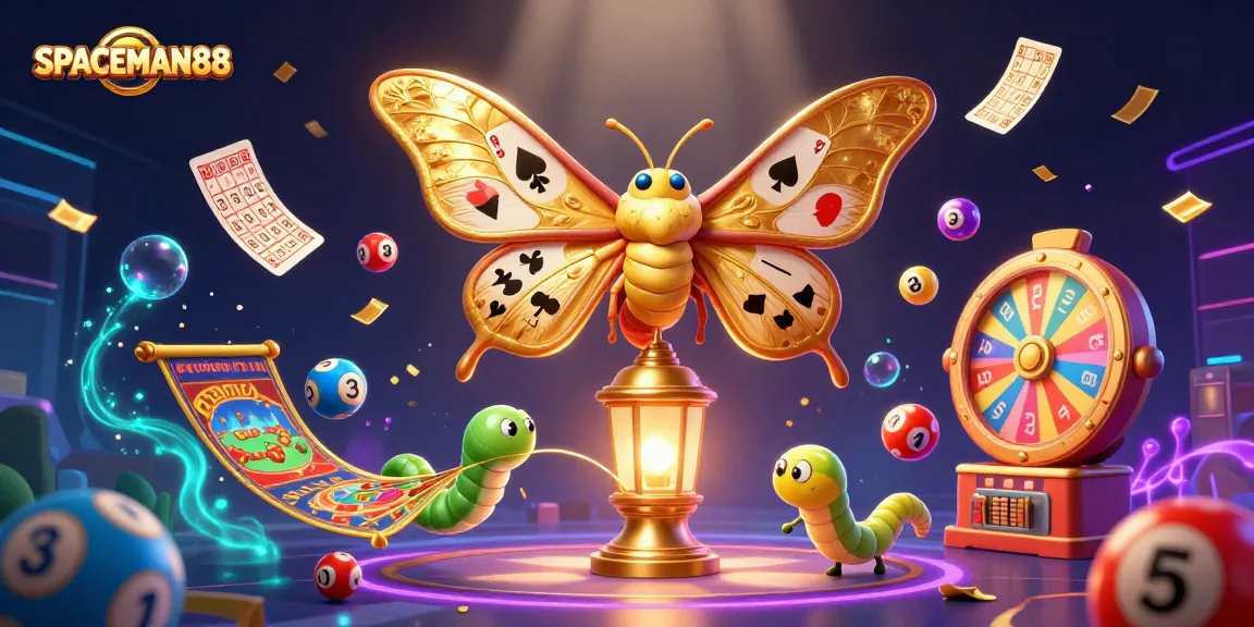 Experience the excitement of SPACEMAN88 with vibrant casino elements and a majestic moth illustration.