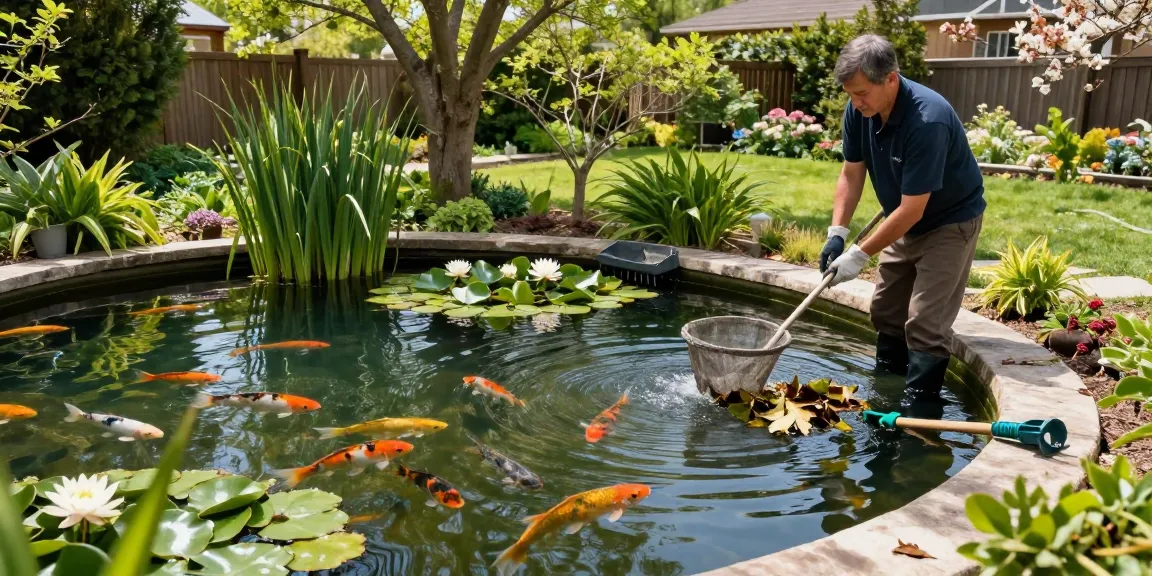 Pond cleaning companies maintaining a koi pond, technician removing debris and ensuring clear water in a serene backyard setting.