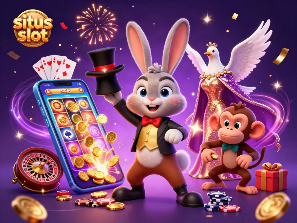 Engage with situs slot's magic as a rabbit pulls coins while a dove assists and a monkey steals poker chips.