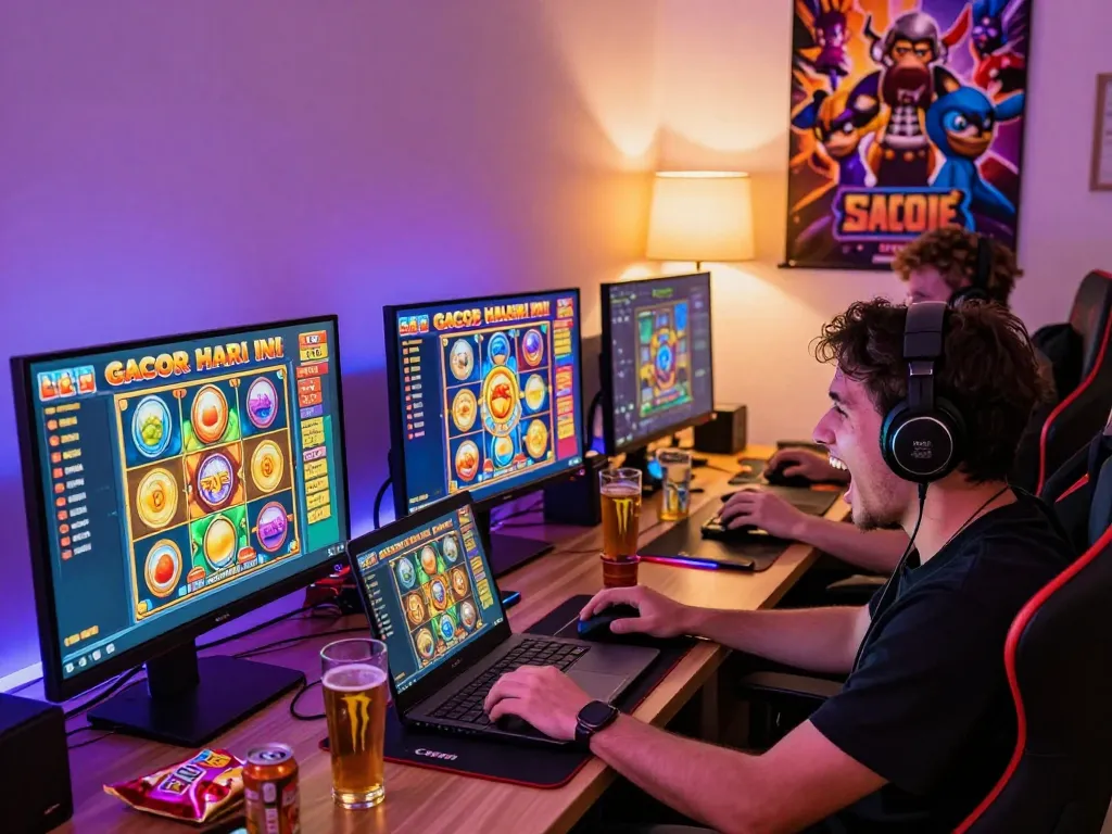 Players engaging in slot gacor hari ini action with vibrant screens and snacks, highlighting an exciting online gaming atmosphere.