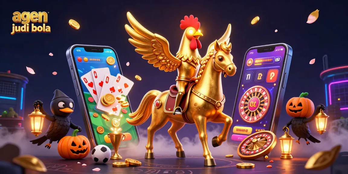 A dynamic scene depicting agen judi bola, featuring a golden rooster and spectral horse amid casino elements.