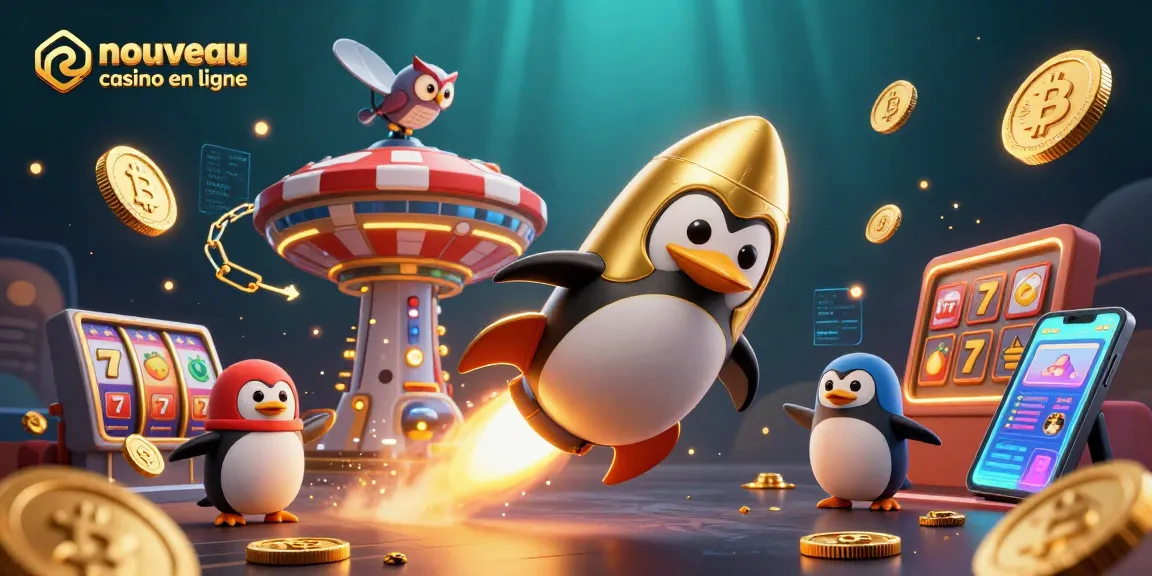 Image d'un nouveau casino en ligne avec un pingouin doré et des éléments de jeu dynamique