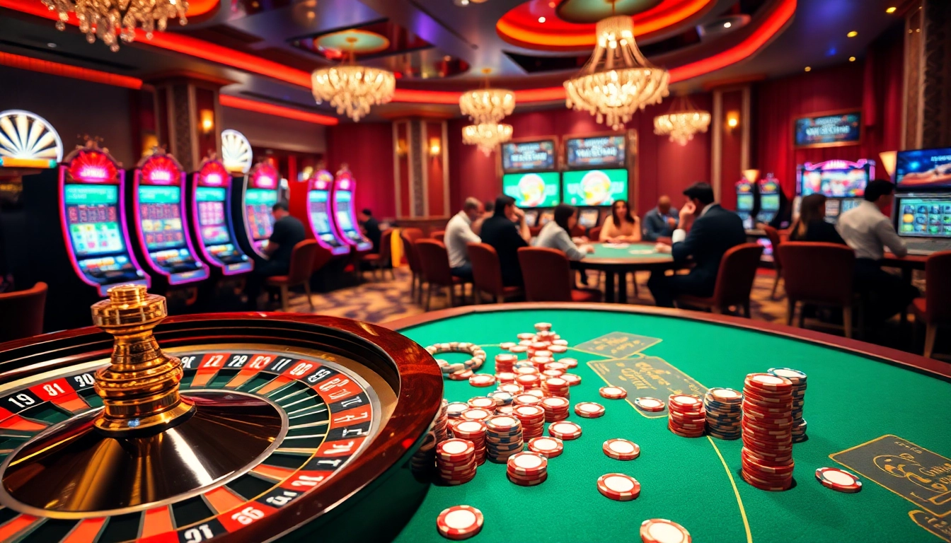 A dynamic gaming atmosphere at trang chủ rr88, featuring a bustling casino with roulette, slots, and poker tables.