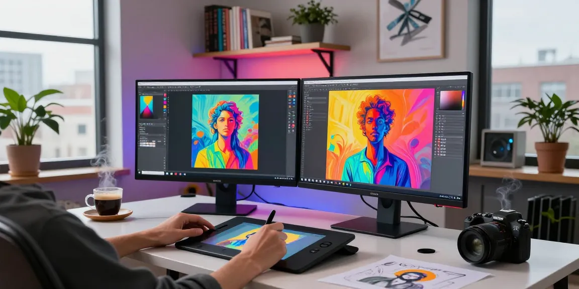 Creative scene featuring NSFW AI artwork being designed in a vibrant home office.