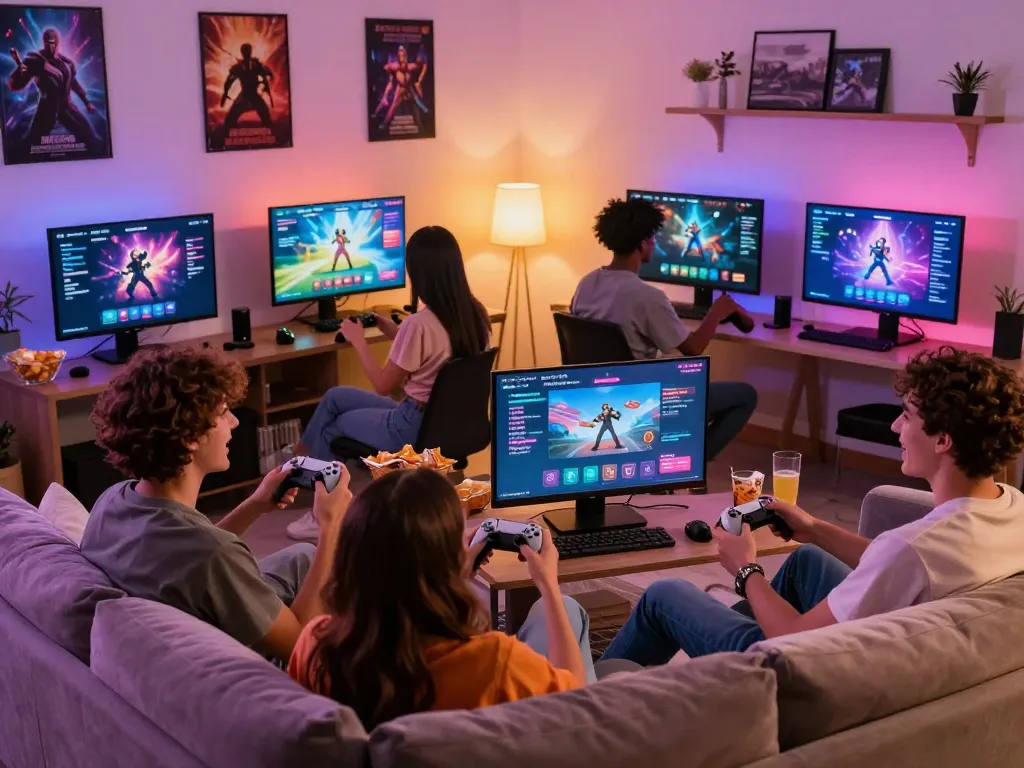 Group enjoying sex games online in a cozy living room with gaming screens and laughter.