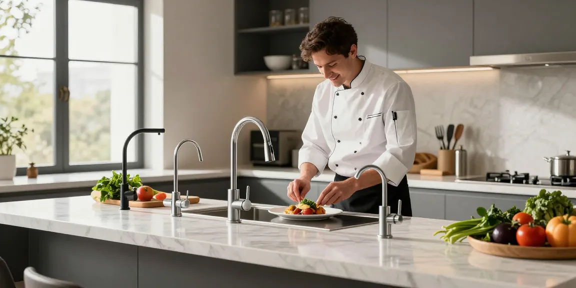 Stylish kitchen faucets in use as a chef prepares gourmet dishes with natural lighting and modern design.