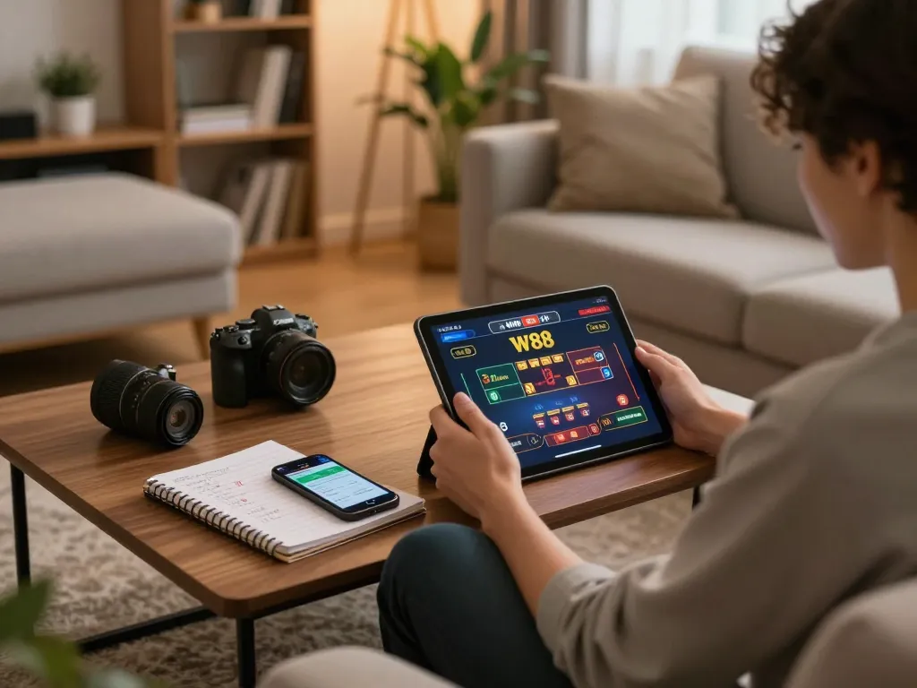 Player engaging with W88 app on tablet, cozy home gaming setup with strategy notes and drinks.