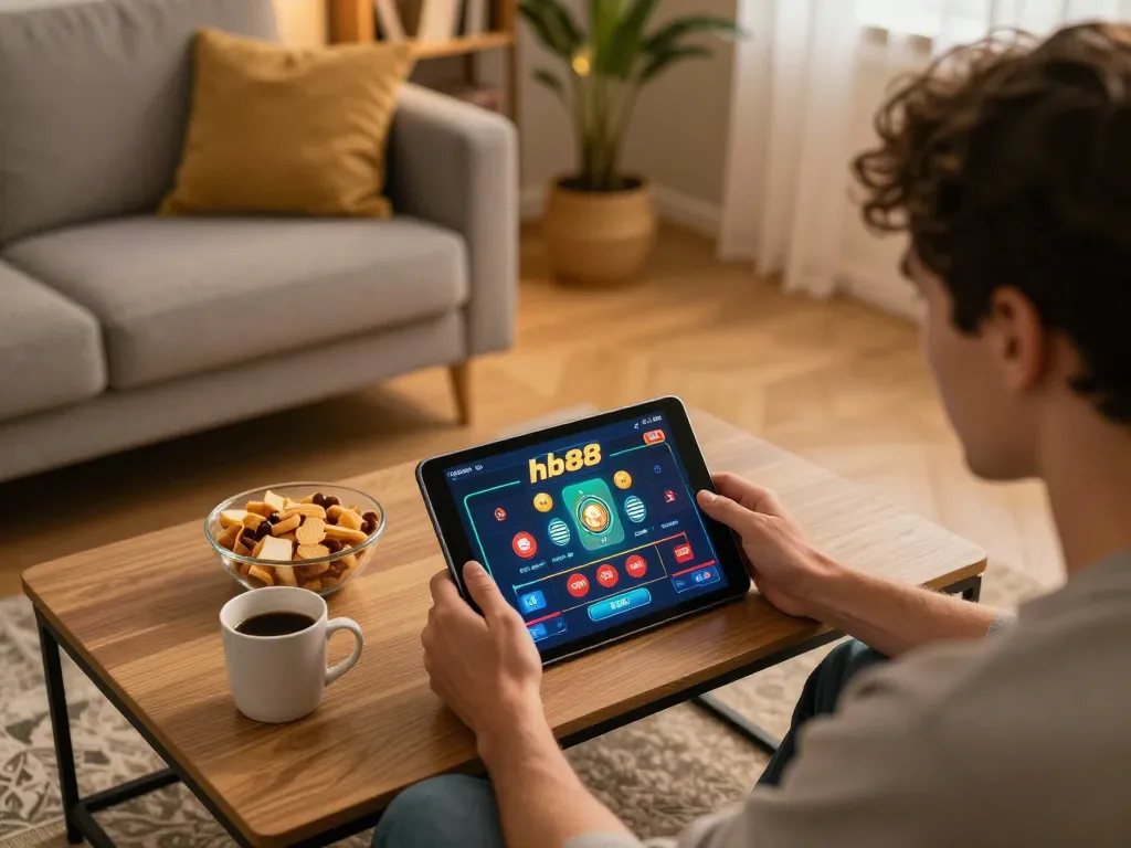 Engaging with the hb88 app in a cozy living room setting for online casino gaming.