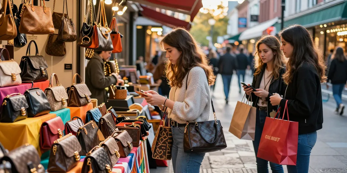 Engaging shopping scene at a 레플리카 사이트 showcasing high-quality replica handbags amidst a vibrant urban setting.