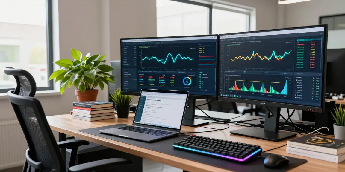 Regulated crypto mining platform setup with software analytics and security protocols in a professional workspace.