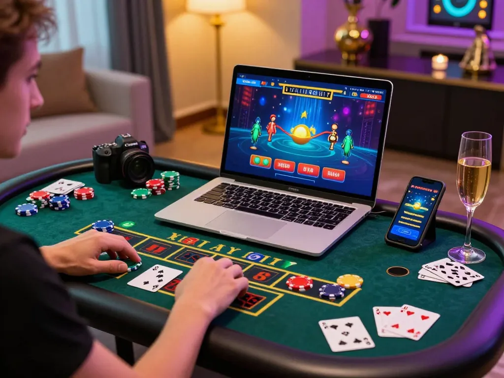 Engaging baccarat game on laptop, showcasing the excitement of บาคาร่า사이트 in a stylish home setting.