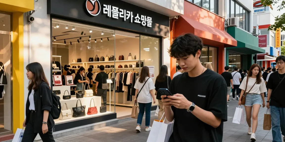 Shopping scene at a 레플리카 쇼핑몰 showcasing trendy replica bags and accessories in a vibrant urban setting.